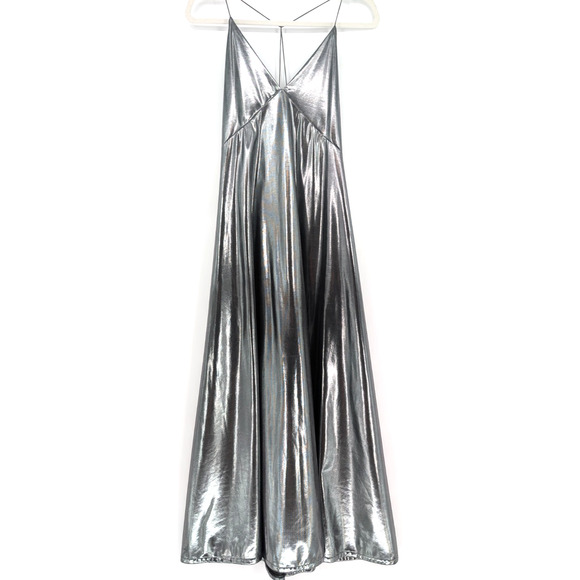 Zara Silver Liquid Metallic Maxi Slip Dress Glam Avant Garde Babydoll 90s Small - Picture 7 of 16